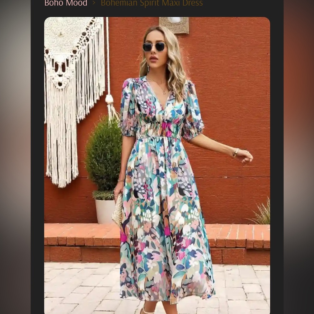 Floral Multicolor Midi Dress with Puff Sleeves - Picture 6 of 8